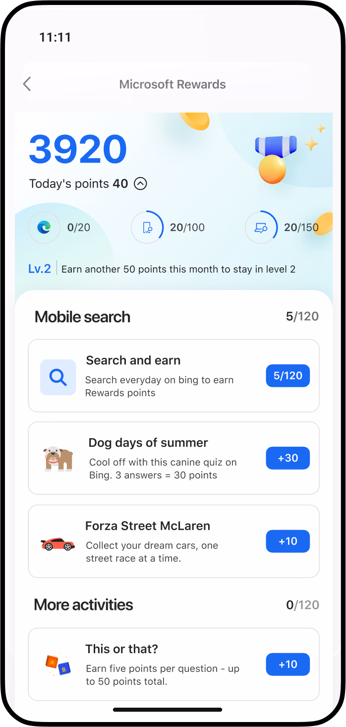 <p>Mockup of a smartphone screen showcasing the Microsoft Rewards program, highlighting the benefits of searching with Bing in Microsoft Edge on your phone.</p>